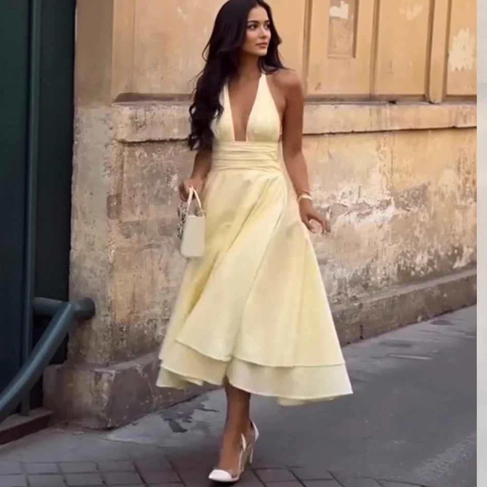

Wefads Deep V Sexy A-swing Dress Women 2025 Vacation Elegant Evening Summer Dress Backless Party Midi Dress Vestidos