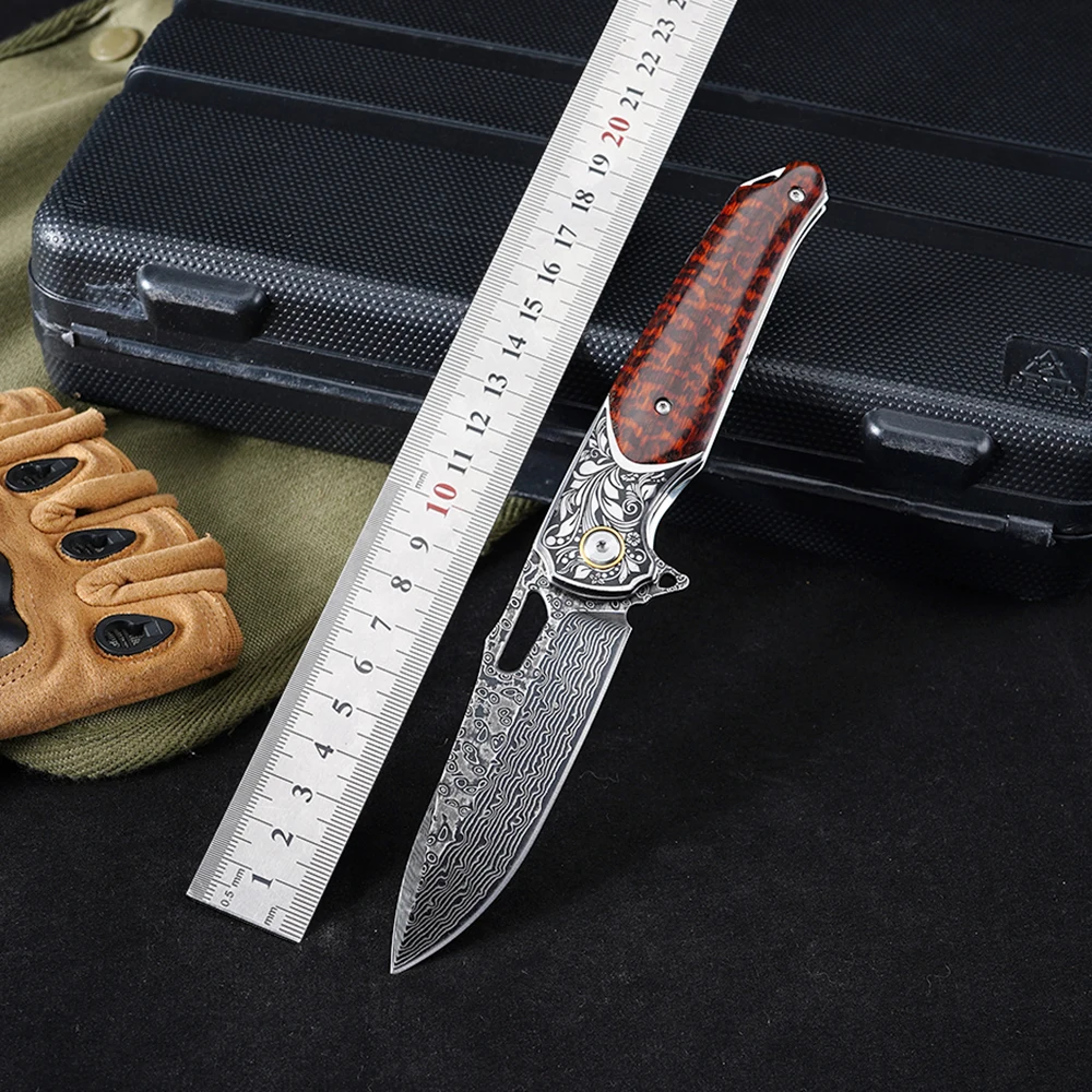 DM051 Folding Pocket Knife Damascus steel Knife Snake wood Handle  Durable Camping EDC Survival Rescue Hunting Tools