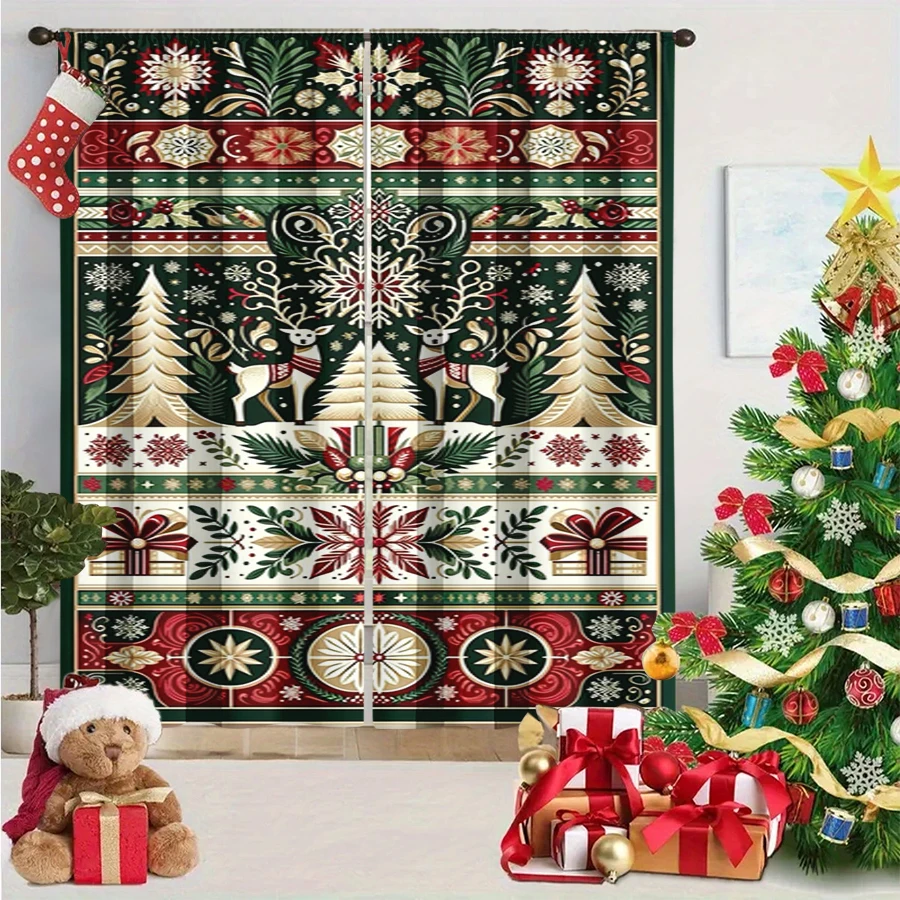 2PCS Christmas Winter Curtains, Nordic Folk Reindeer Christmas Tree Snowflake, Digital Print, Bedroom Living Room, Home Decor