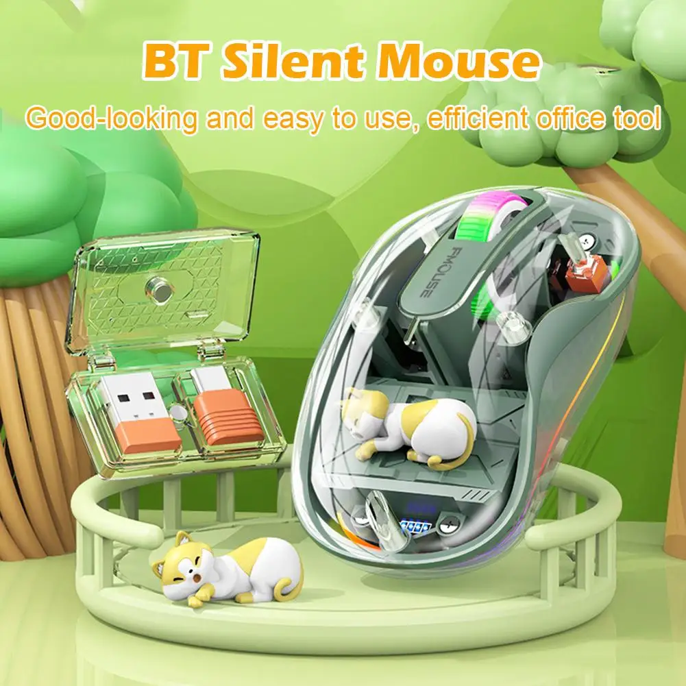 

Three-Mode Rechargeable Mouse Cute Doll Transparent Cartoon Wireless Mause With Power Display for Tablets Laptop IPad Kids Gift