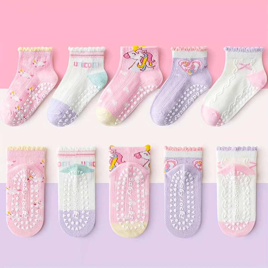 5 Pairs of Kidsren's Floor Socks with Lace Glue, Heart Unicorn Pattern Baby Toddler Soft-Soled Shoes Rainbow Pony Mid-Calf Socks