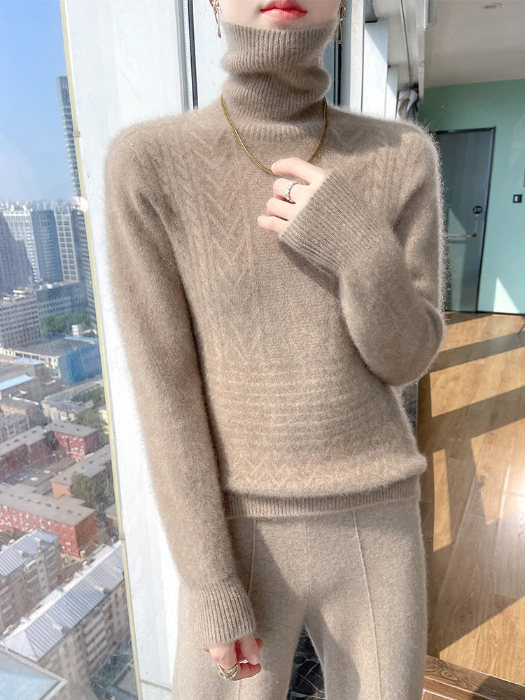 

100% Merino Wool Sweater Autumn Winter Women Turtleneck Striped Knitted Pullover Casual Slim Classic Cashmere Clothing Top