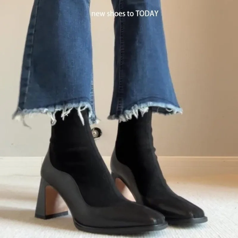 ファッショナブルでエレガントなレトロスクエアトゥミッドカーフブーツ-レディース-2025-秋-エレガントスクエアハイヒールミックススエードブーツ-ヴィンテージブーツ