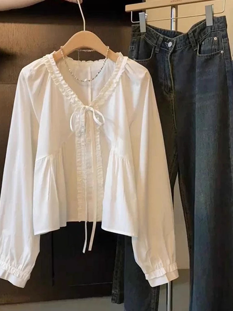 

Ele Sweet V-ne irt, женский длинный све, осень 2023, новый галстук-бабочка, антивозрастной повседневный дышащий топ свободного покроя