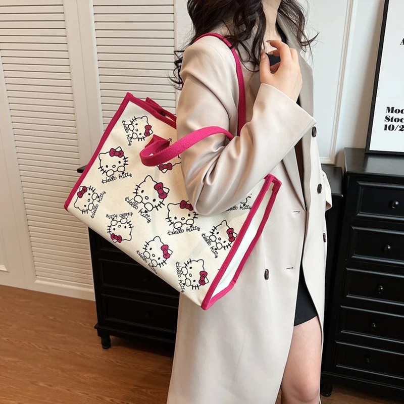 MINISO Hello Kitty Cartoon Canvas Bag Fashion Casual Versatile borsa grande capacità una borsa a tracolla