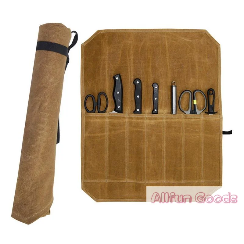[TG835]1Pcs Waxed Canvas Chef Knife Roll With Multiple Storage Slots And Durable Construction Perfect For Home Kitchen Outdoore