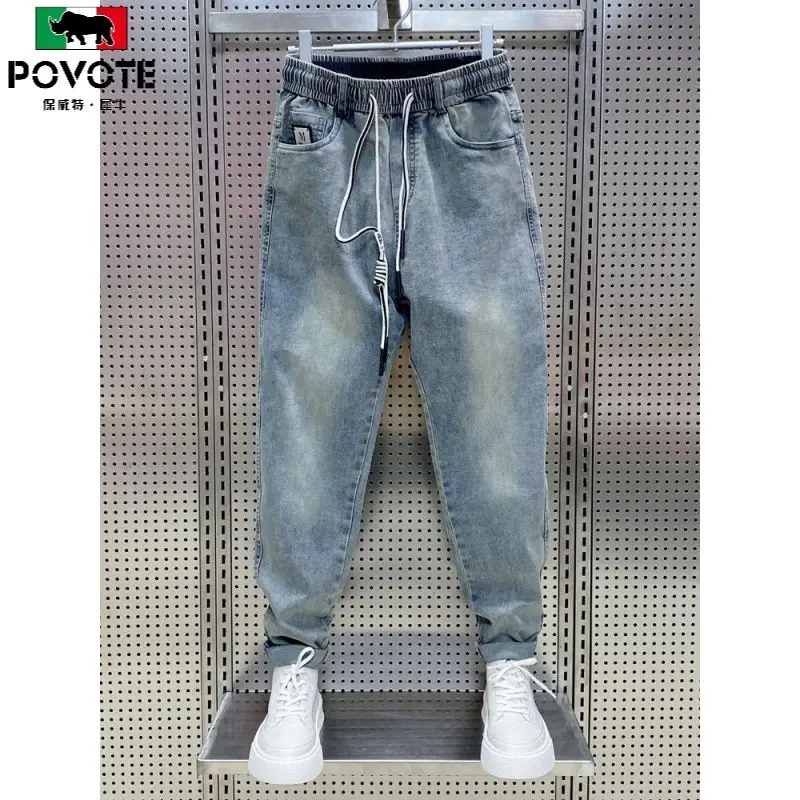 Fashion Korean Streetwear Luxury Brand Men's Drawstring Casual Loose Denim Jeans for Spring and Autumn Stylish Cargo Pants Men