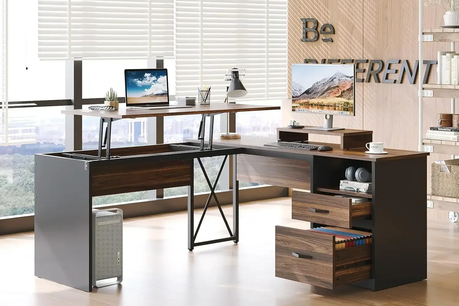 Lift Top L Shaped Desk with File Drawer, 55'' x 55'' Office Desk with Reversible Storage Drawers, L Shaped Standing Desk