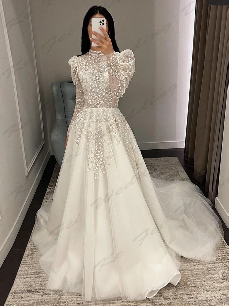 Vestidos de novia musulmanes para mujer, línea A, manga larga, cuello alto, Apliques de encaje de princesa, Vestidos de novia formales para fiesta en la playa