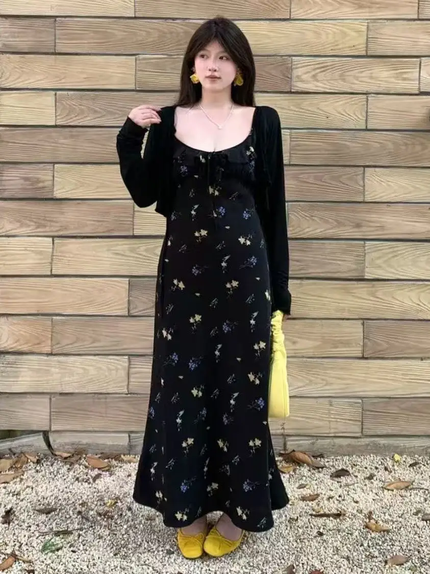 

plus Size Summer Slimming Floral Print Strap Dr Sun Protection Two-Piece Set Long Sve round Ne Pullover for Women