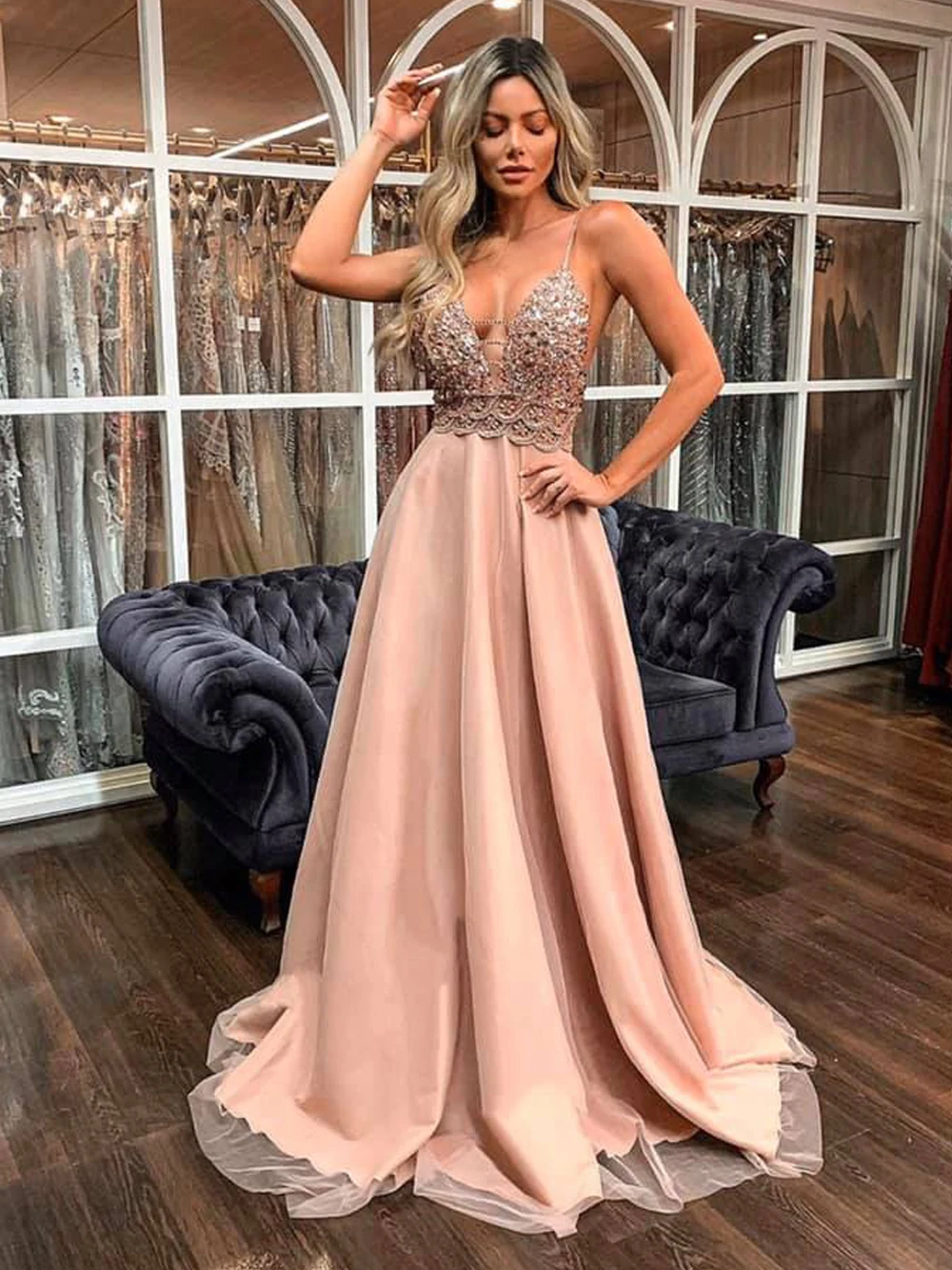 Golden Evening Dresses Beading A-Line Spaghetti Strap Formal Dresses 2023 New Long Party Dress for Prom Long Gown