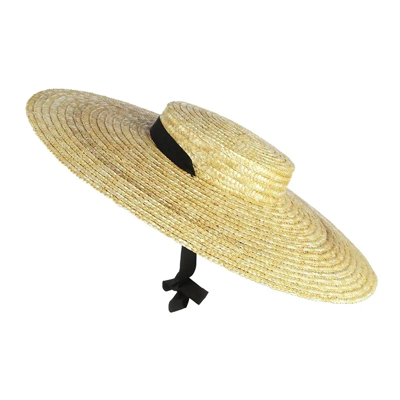 Summer Women Trendy Flat Top Wide Brim Straw Hat with Black Ribbon Tie Sun Hat Beach Cap 12/15/18cm