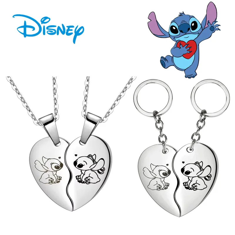 Cartoon Disney Lilo &Stitch Necklace Stainless Steel Stitching Cute Figure Stitch Heart Couple Pendant Neck Chain Lovers Jewelry