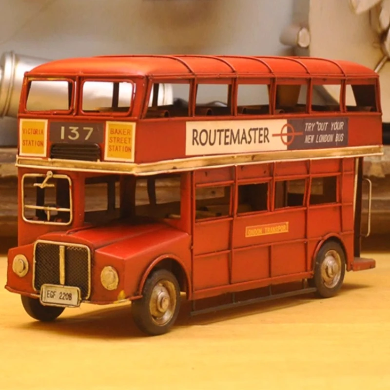 

Vintage British Double-decker Bus Model Iron Art Industrial Style Decoration Figurine Miniature Gift