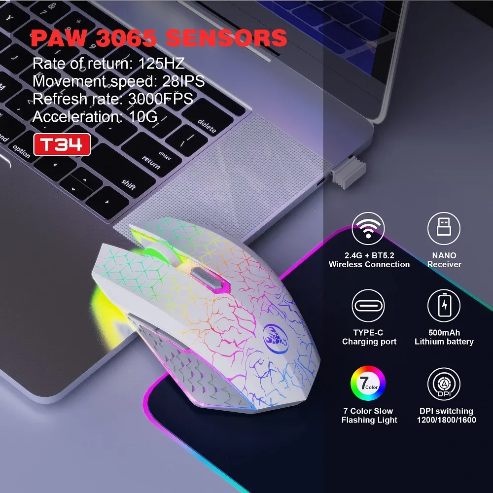 

ZLRLMHY For laptopT34 6D dual wireless mouse 1600DPI RGB backlit mute button ergonomics 500mAh rechargeable gaming mouse