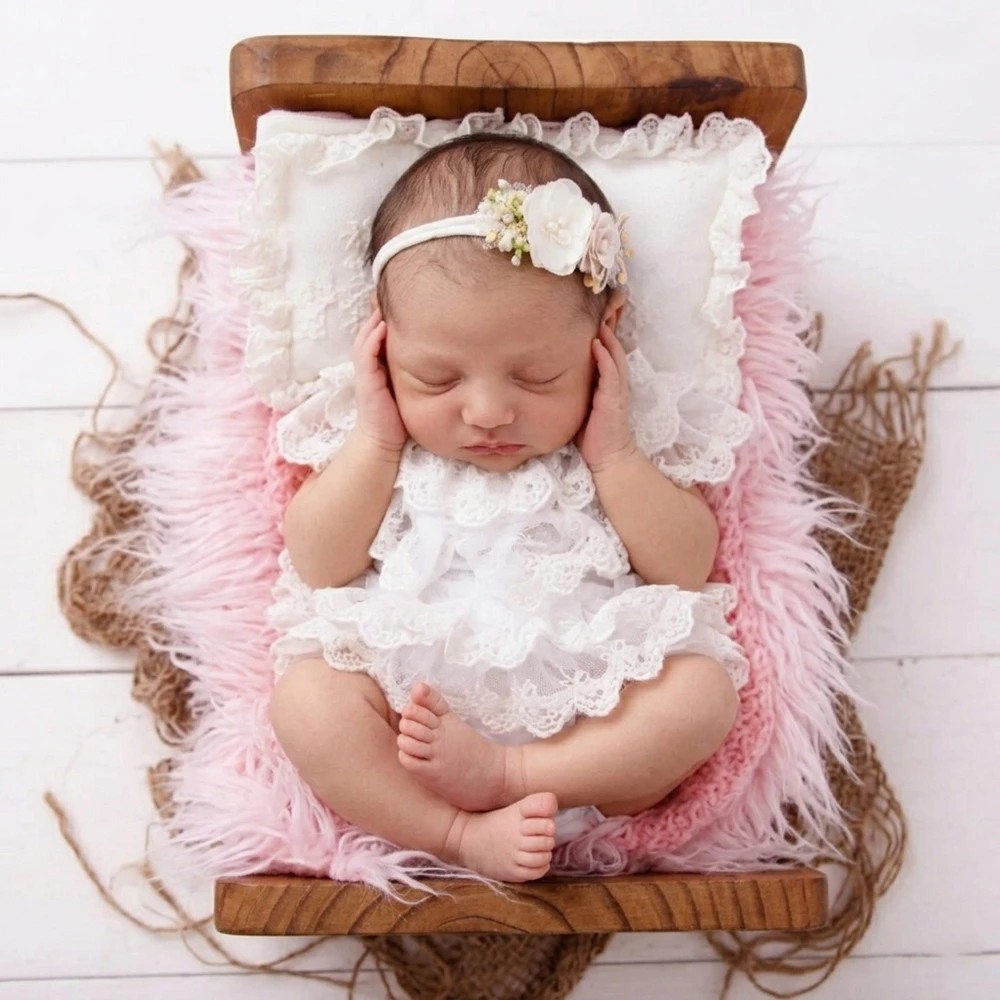 Newborn Photography Props White Lace Romper Long Sleeve Baby Girl Dress Infant Photoshoot Outfit Studio Posing Ruffle Jumpsuit