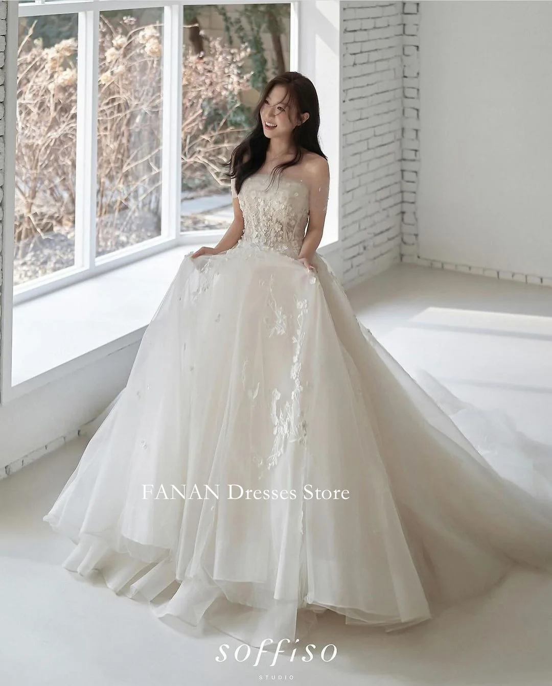 FANAN A-Line Korea Ivory Simple Wedding Dresses 웨딩드레스 Strapless Appliques Corset Custom Made Pretty Corset Bride Gowns Plus Size