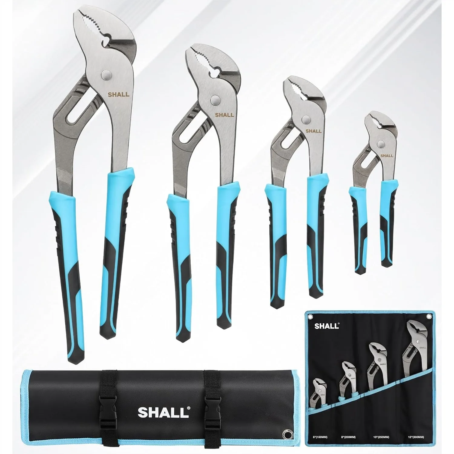 

4-Piece Groove Joint Pliers Set with Cushion Grip, 12/10/8/6 Inch Adjustable Water Pump Pliers in Roll Bag for Home Repair and