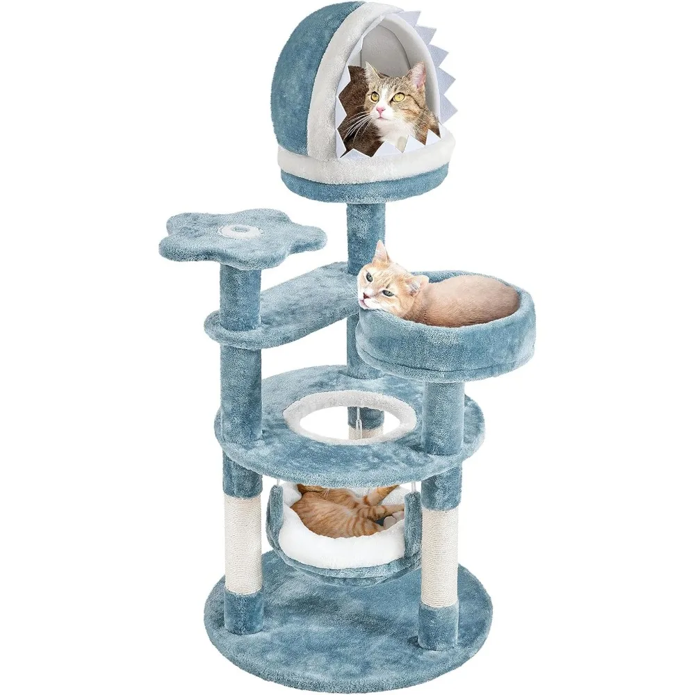 

45.5in Ocean-Themed Cat Tree Multi-Level Cat Tower, Plush Furniture with Shark's Mouth-Shaped Nest, Sea Star-Shaped Pe