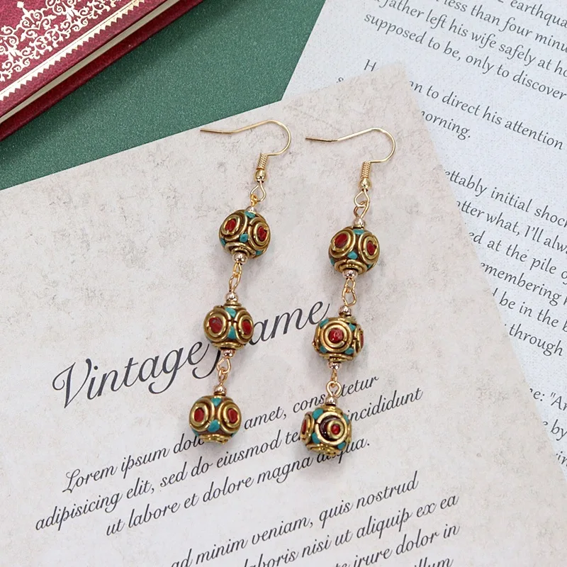 Vintage Ethnic Earrings for Women Nepalese Exotic Tibetan Gemstone Retro Style Luxury Jewelry Mysterious Blessing Handmade Gift