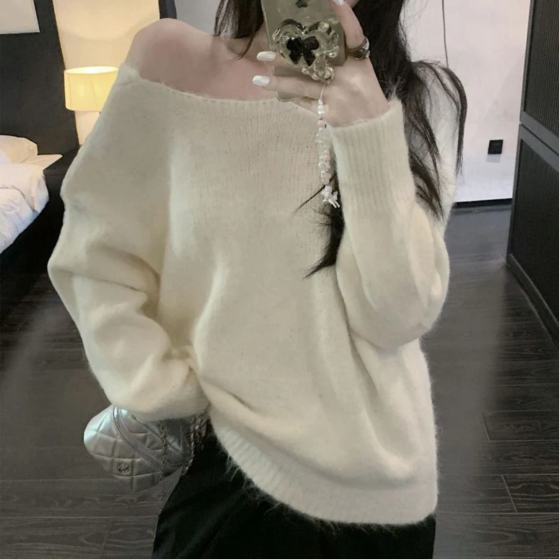 Korean Backless Bow Female Autumn and Winter Slouchy Round Neck Long Sleeve Sweater Top Oversized Sweater