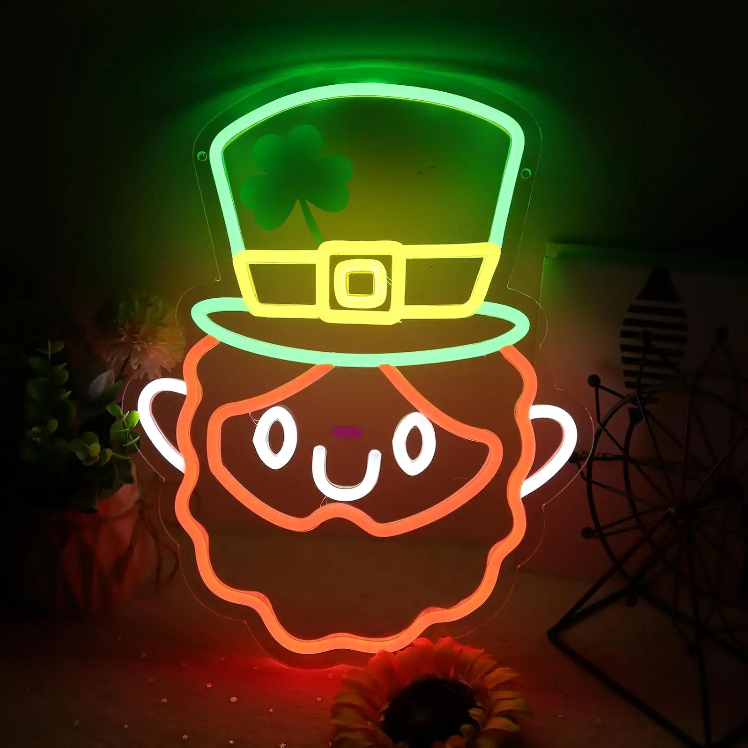 

St Patricks Day Neon Sign Leprechaun Shamrock Hat LED Wall Light Decor for Party Bar Home Gaming Room Bedroom Decoration