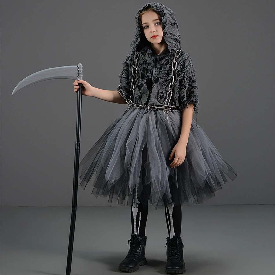 Girls Halloween Cosplay Mysterious Horror Death Fluffy Black Dress Children Scythe Cloak Stockings Set Masquerade Party Outfits