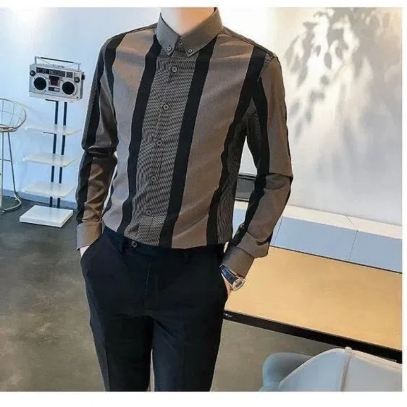 Men's Long Sleeve Striped Contrast Blouse Spring Autumn New Polo Neck Slim Trend Shirt Tops Smart Casual Fashion Men Clothing