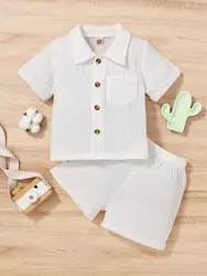 2-Piece Summer Solid Color Casual Shirt for Boys and Girls Fresh and Comfortable Cotton Shorts Set