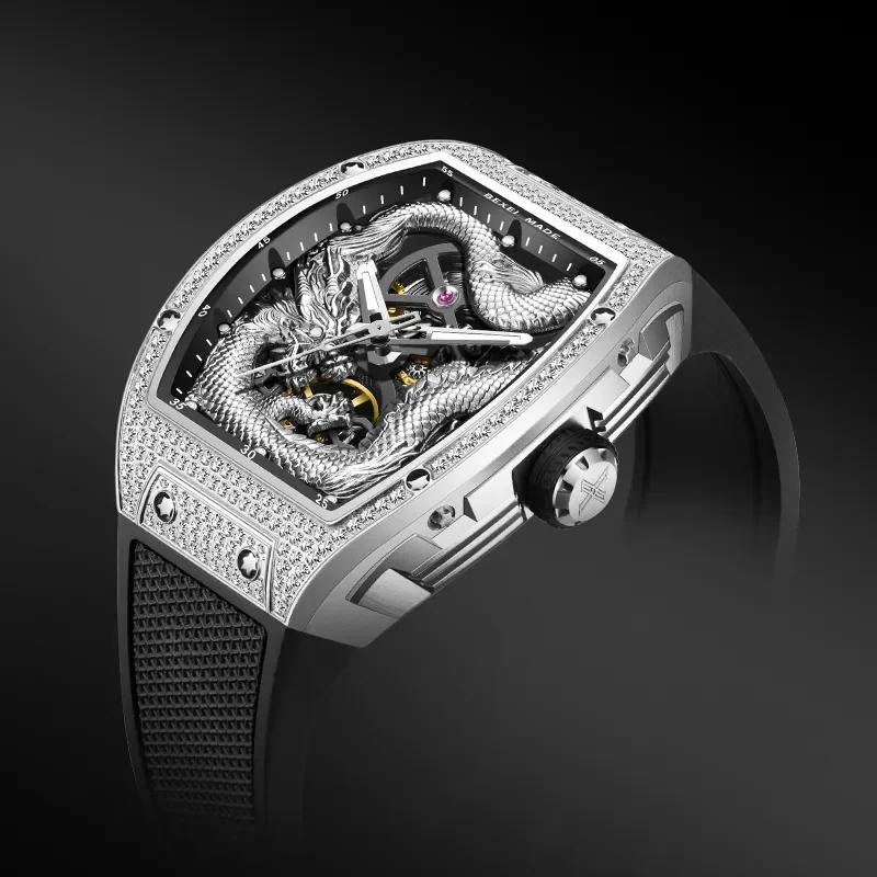 

Fashion Automatic Mechanical Watches for man Luxury 3D Dragon Skeleton Movement Dial Zirconium Diamond Men's Luxury Watch