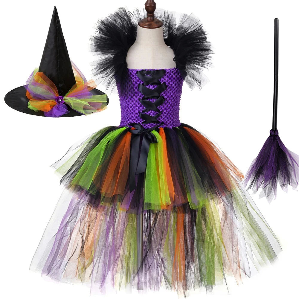 

Halloween Witch Costumes for Girls High Low Long Tutu Dress for Kids New Year Carnival Party Fancy Outfit with Witch Hat Broom