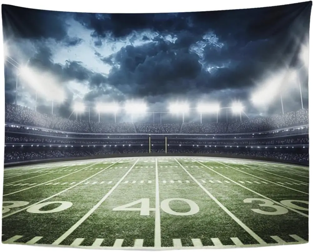 American Football Stadium Tapestry, Night Game Field with Stadium Lights & Stormy Sky Print for Sports Fan Room Decor