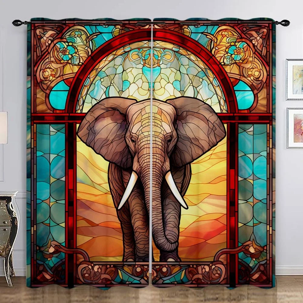 2pcs 3D Elephant Printed Window Curtains Bohemian Decorative Light Filtering Drapes For Living Room Bedroom Home Decor