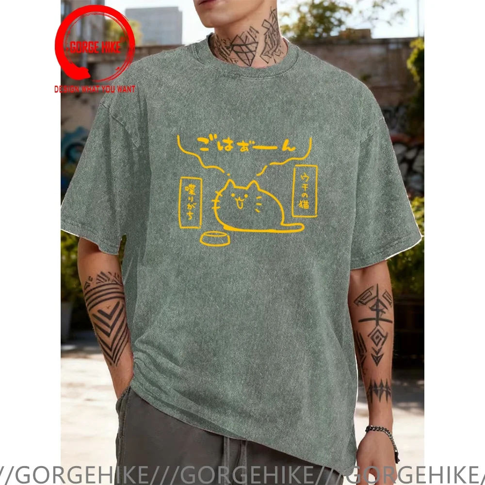 Vintage Washed Cotton T-Shirt Funny Designer Japanese Kanji Style Cat T Shirt Men Fashion Trendy Casual Clothing Stylish Tops