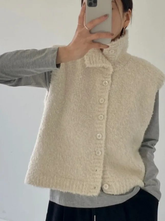 

Spring New Soft Pluy Knitted Thiened High Collar Sweater Jaet Women's Korean Sle Versatile Faux Fur Vest Warm Top