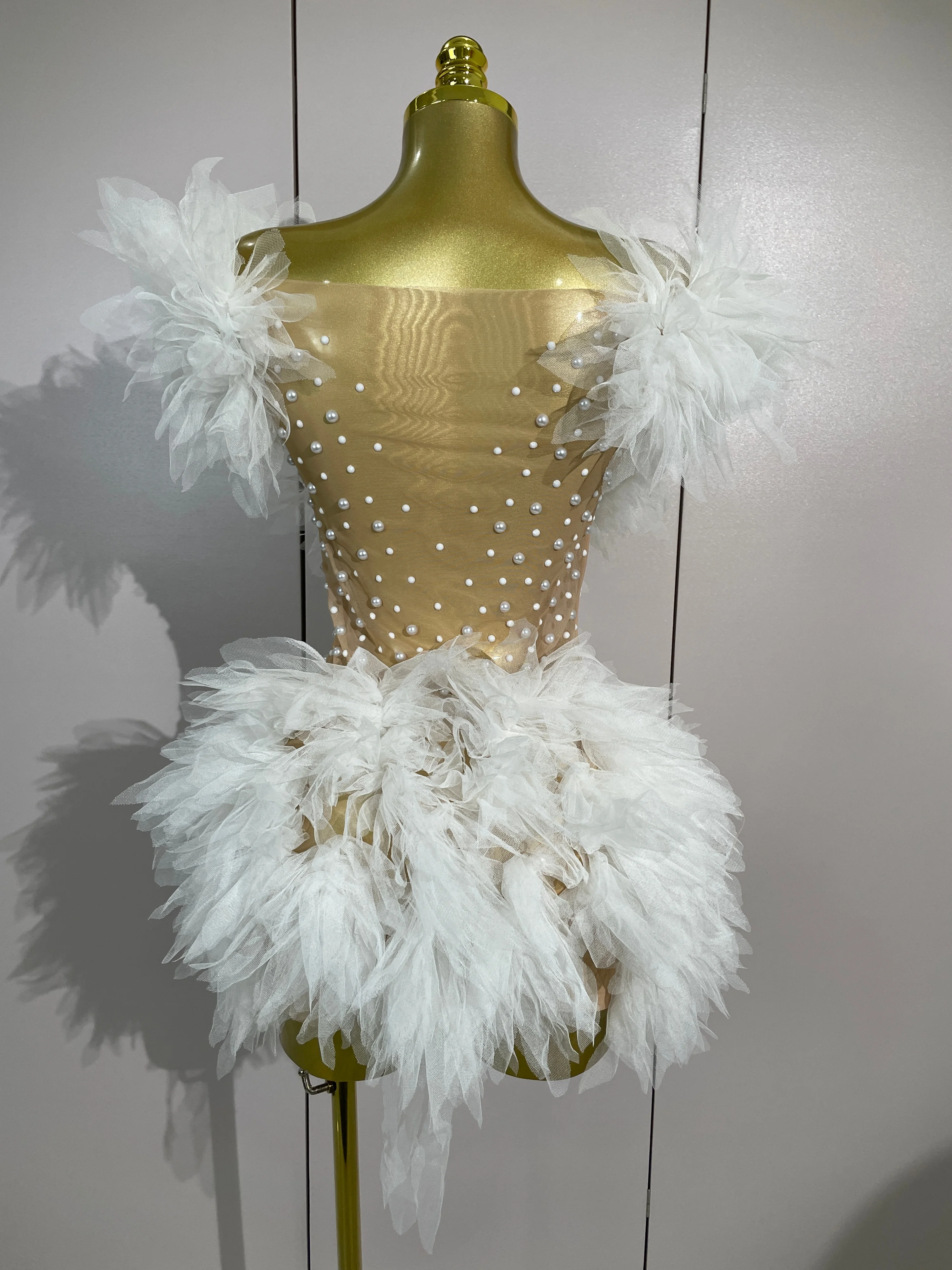 Elegant White Mesh See-Through Mini Dress Sexy Sparkly Rhinestone Off The Shoulder Eveing Party Birthday Nightclub Stage Costume
