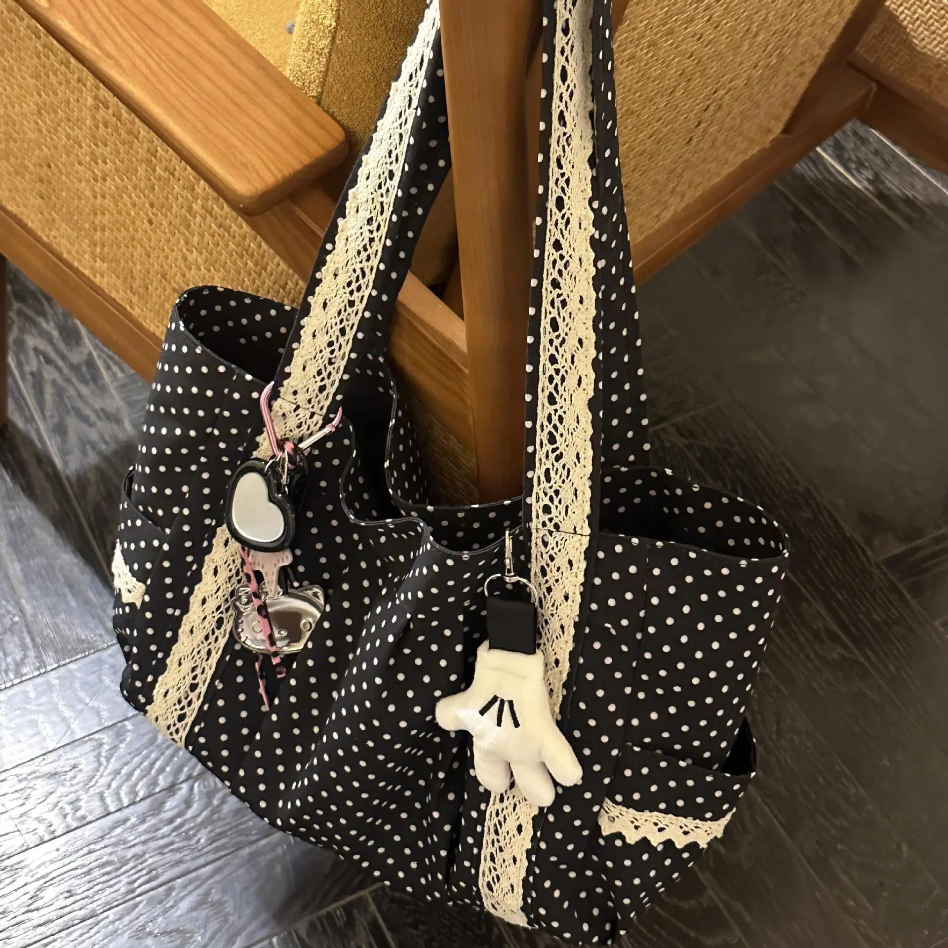 Koreanische Vintage Leinwand Umhängetasche Frauen Nette Spitze Große Kapazität Tote Tasche Multi Tasche Handtasche Mode Runde Dot Unterarm Tasche – Detail 10