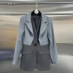 VGH Minimalist Patchwork Button Tunic Casual Blazers For Women Notched Collar Long Sleeve Spliced Pockets Slimming Blazer Female