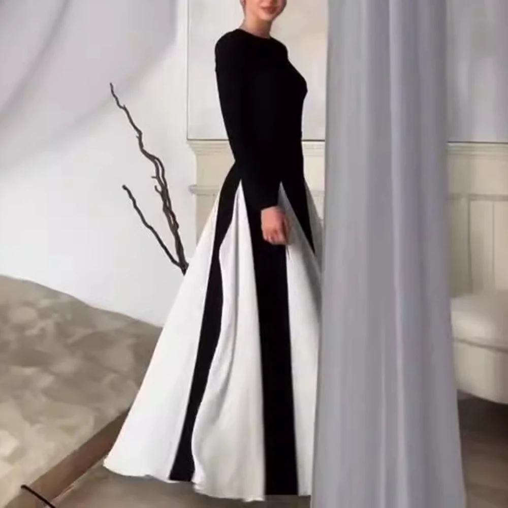 VGH Hit Color Temperament Slimming Dresses For Women Round Necck Long Sleeve High Waist Elegant Long Dress Female Fashion New