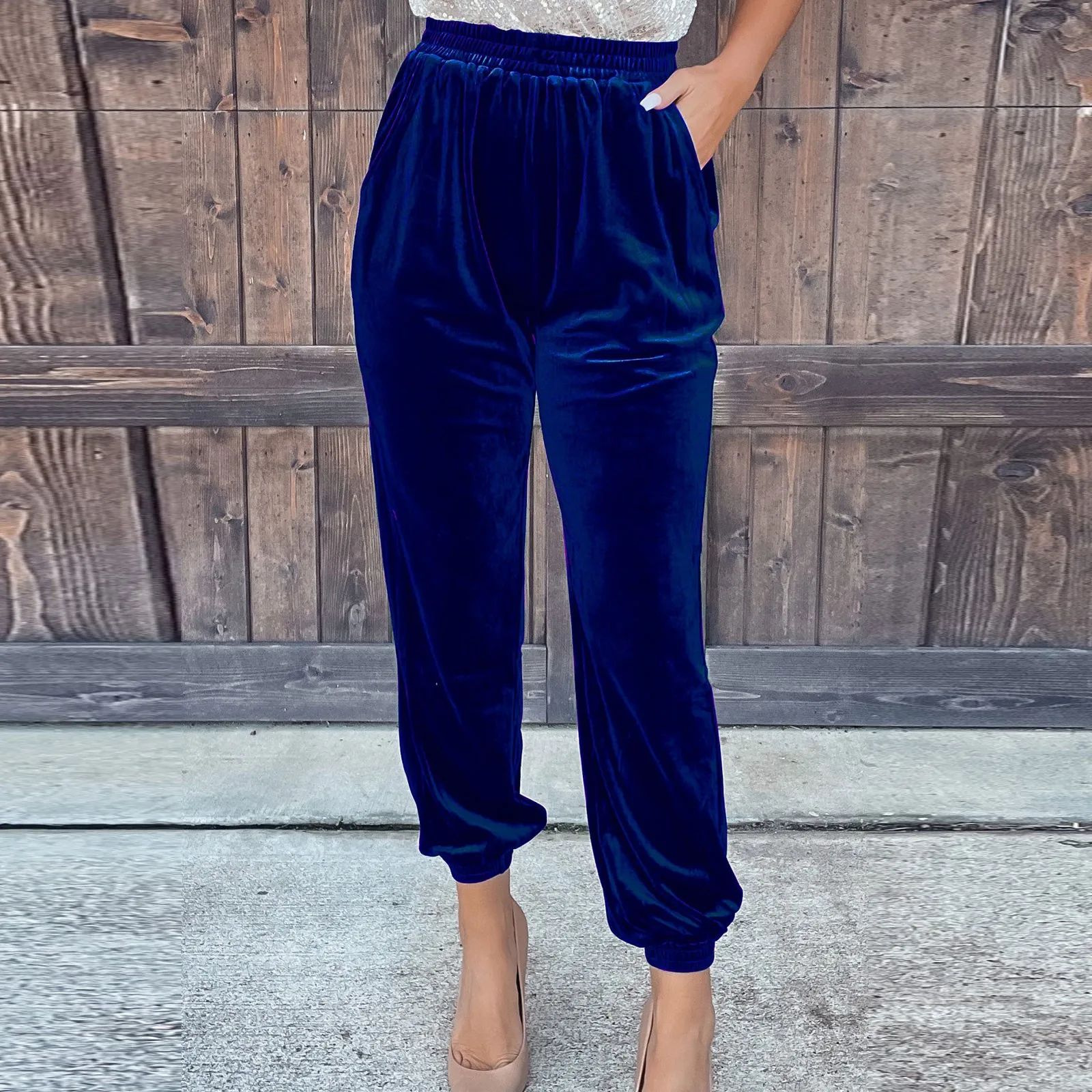 Women\'s Velvet Pants High Waist Loose Wide Leg Pants Casual Elastic Waist Velour Long Trousers with Pockets