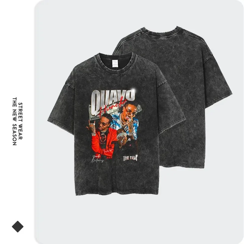 Summer Quavo T Shirt Hip Hop Rapper Huncho Rock Vintage Washed Top Tees Oversized T-shirt Harajuku Short Sleeve Men 100% Cotton