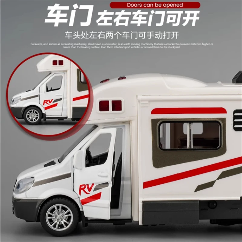 1:30 Luxury RV Recreational Dining Car Model Diecast Metal Camper Van Motorhome Touring Car Model Sound and Light Kids Toys Gift