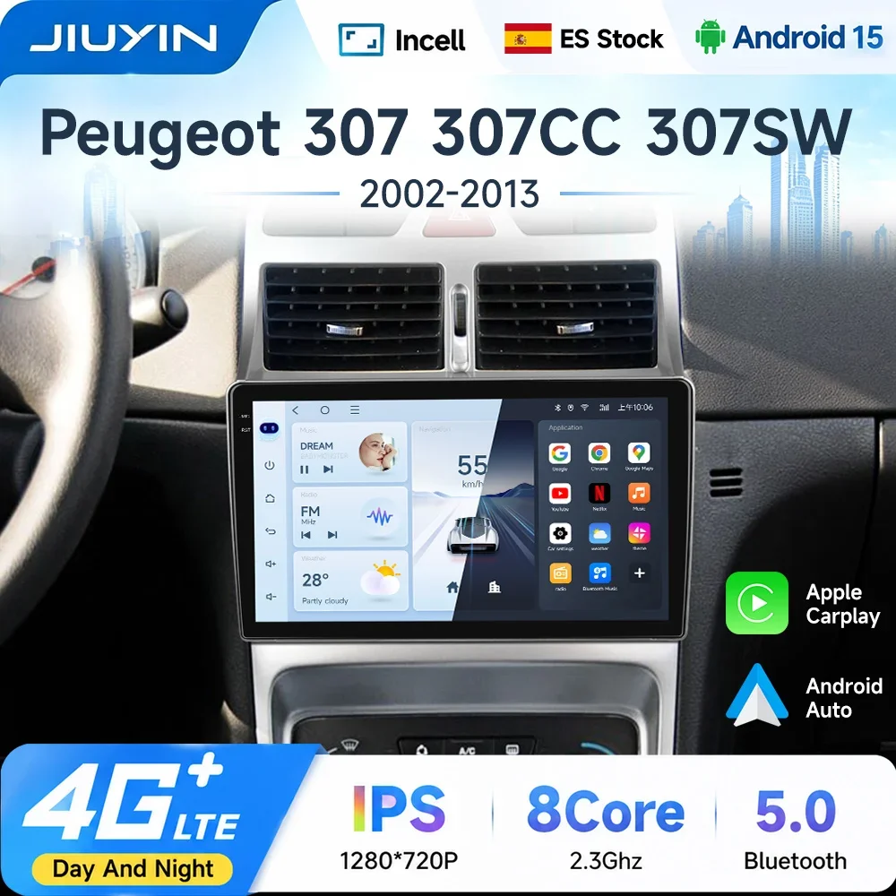 JIUYIN 9" Autoradio-Player für Peugeot 307 SW 307CC 307SW 2002-2013, kabelloses Carplay, Android Auto, Multimedia-Video, GPS-Navigation, Stereoanlage
