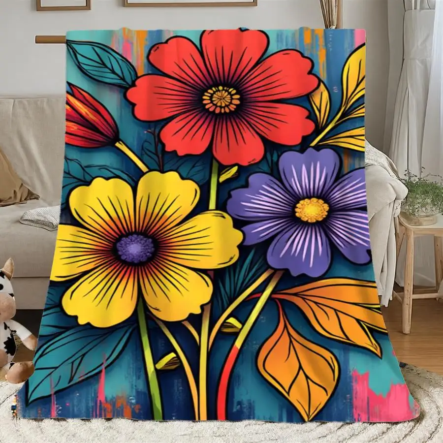 1pc Warm Premium Flannel Blanket with Vibrant Abstract Floral Print, Bold Saturated Colors And Playful Design, Soft Decorative Throw for All Seasons 280GSM Perfect As Home Decoration & Holiday Gift Choice