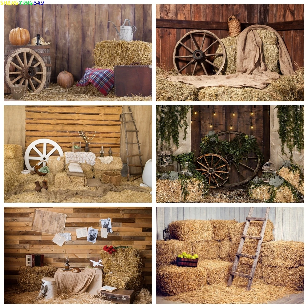 

Haystacks Photography Backdrops Cowboy Birthday Decoration Autumn Rural Farm Cabin Harvest Board Pumpkin Studio Photo Background