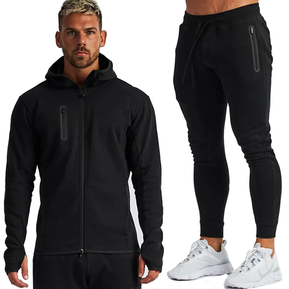 Men\'s Cotton Training Sets Gym Sportswear Zipper Hoodie Casual Sports Hooded Black Tracksuits Men 2-piece Sweatshirt Sweatpants