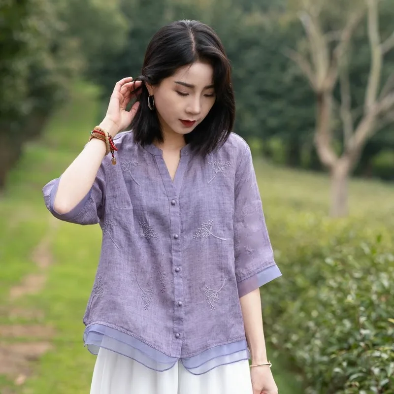 

Literary and Artistic Cotton and Linen Blouse New Summer Thin Shirt for Women with Embroidered Chiffon Patchwork