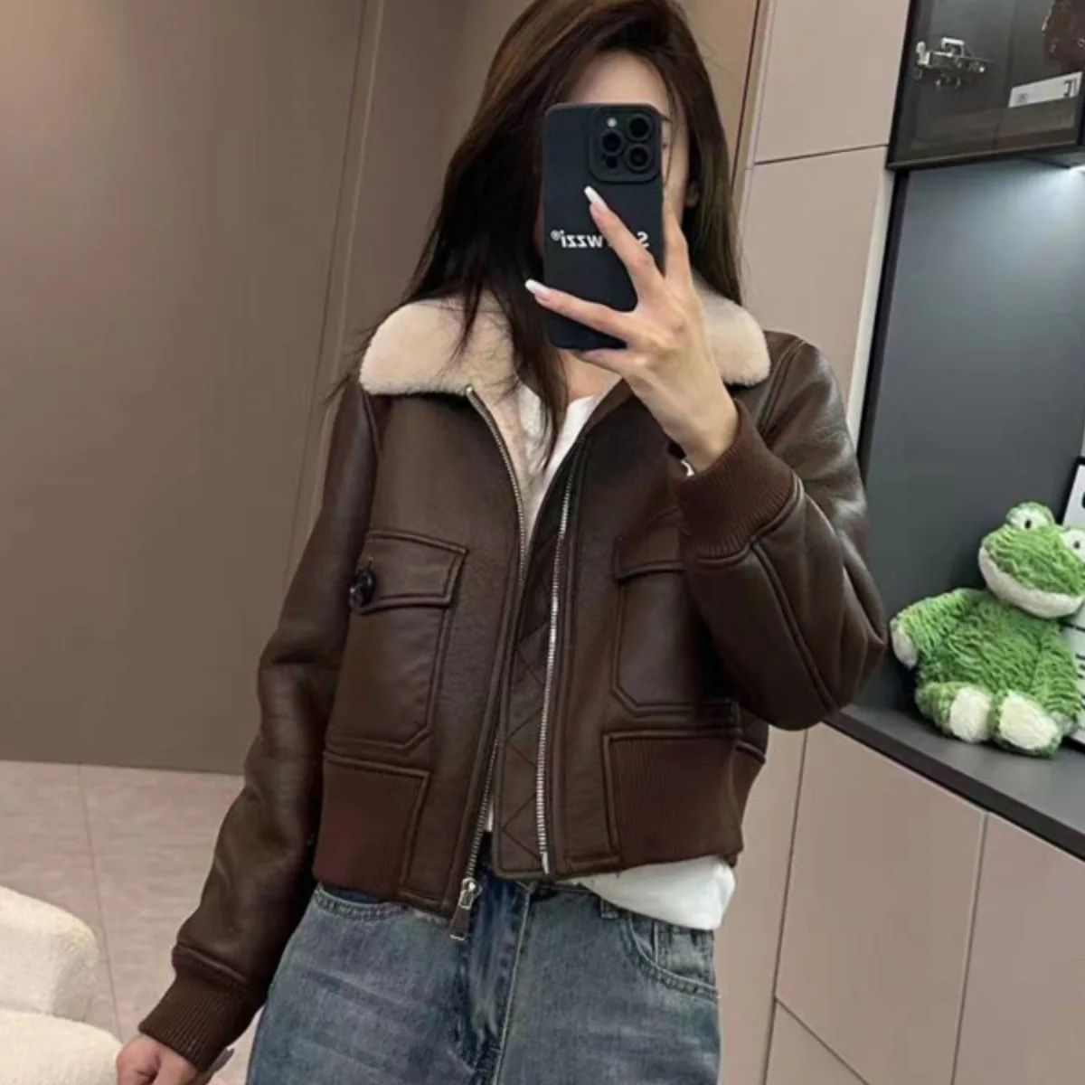 Chain Haining new wool granule inner genuine fur 2024 spring women's casual lapel short jacket