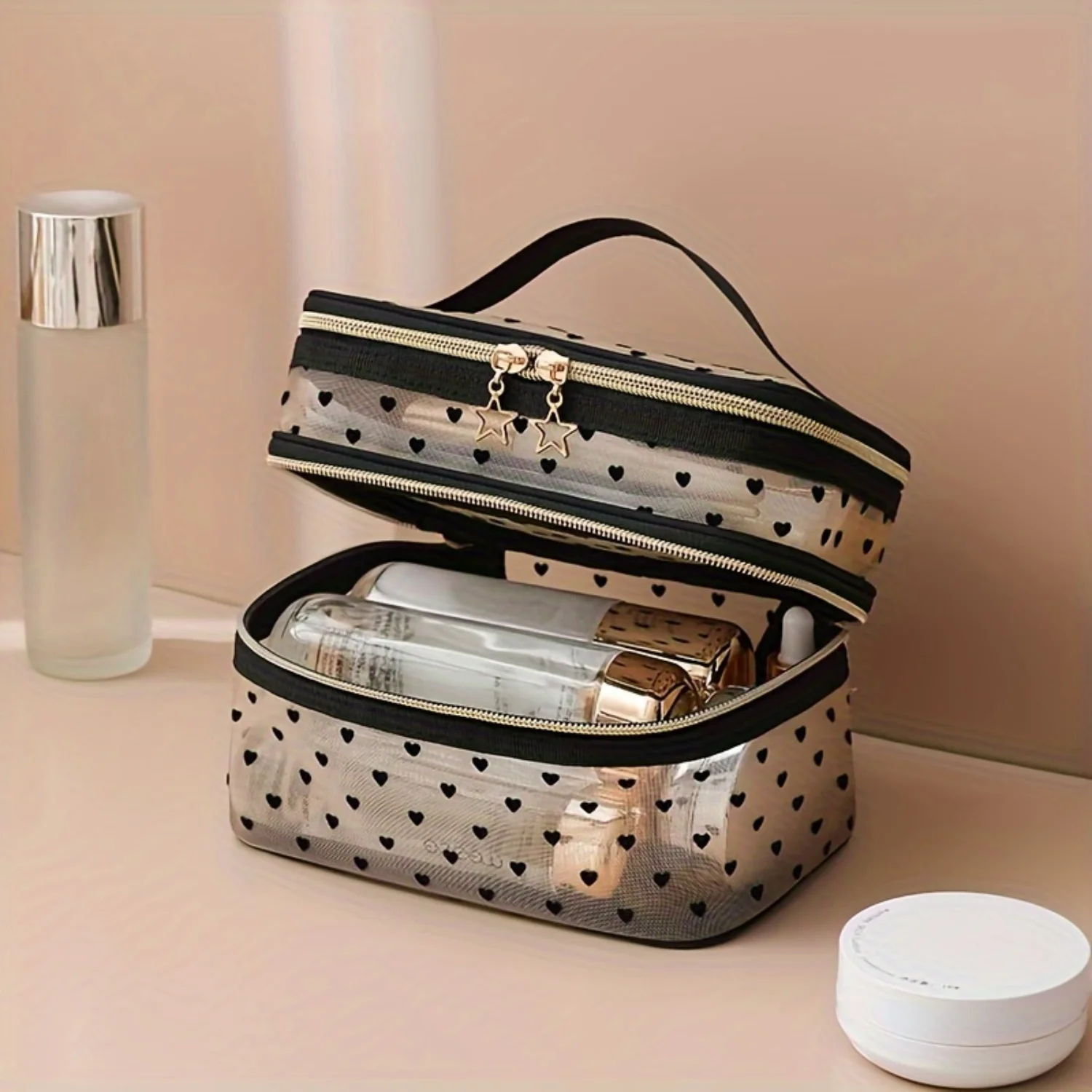 

Valentine's Day Heart Pattern Double Layer Makeup Bag - Lightweight Travel Toiletry Wash Bag