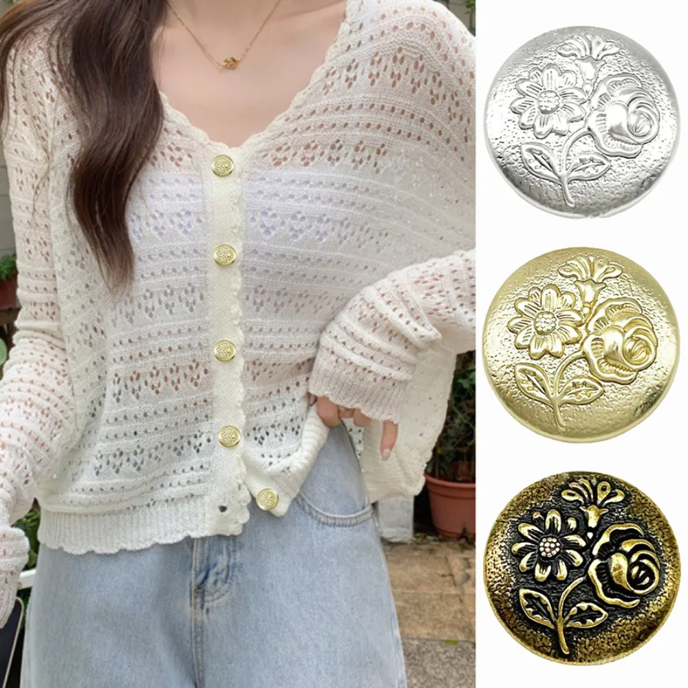 5 Pcs Vintage Embossed Three Flowers Metal Buttons Jacket Casual Suit Coat Cardigan Jumper Fashion Beautiful Decorative Buttons